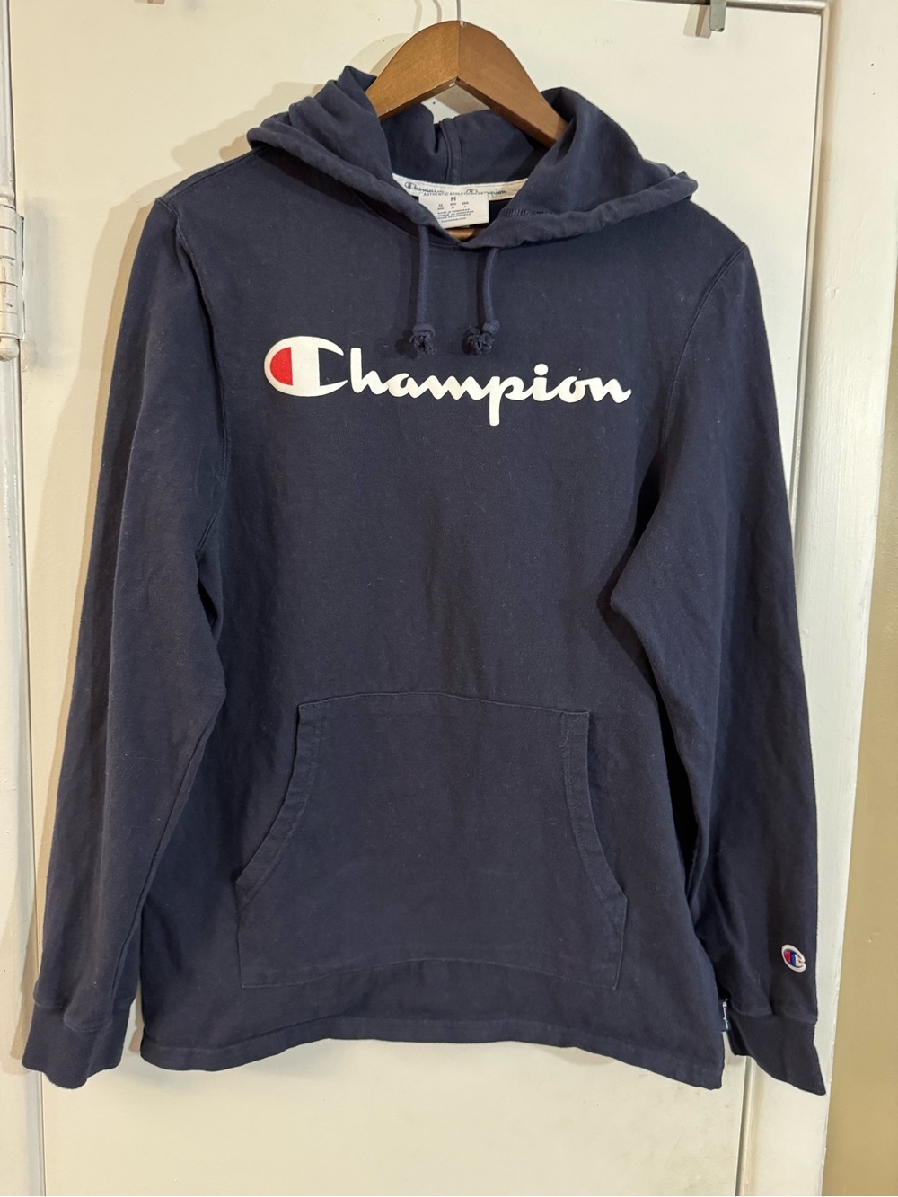 Champion Navy Blue Crewneck Hoodie with White Logo